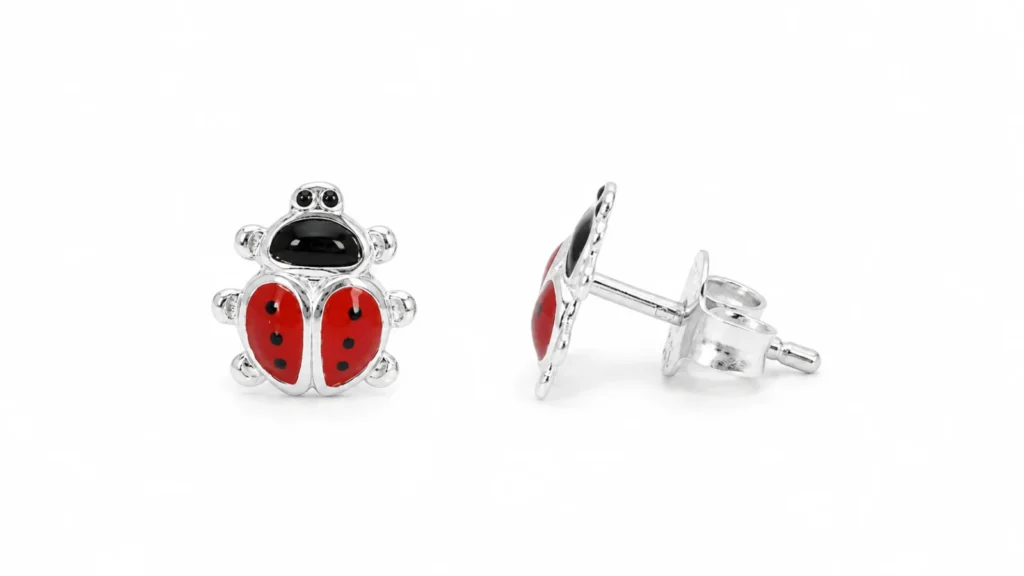 SØLV ØRESTIK MARIEHØNE EMALJE sølvsmykke halskæde øreringe fra Smykkekæden.dk