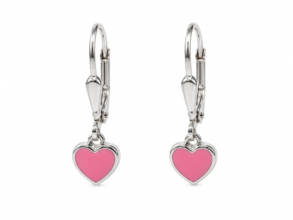 SØLV ØREBØJLE HJERTE PINK EMALJE sølvsmykke halskæde øreringe fra Smykkekæden.dk