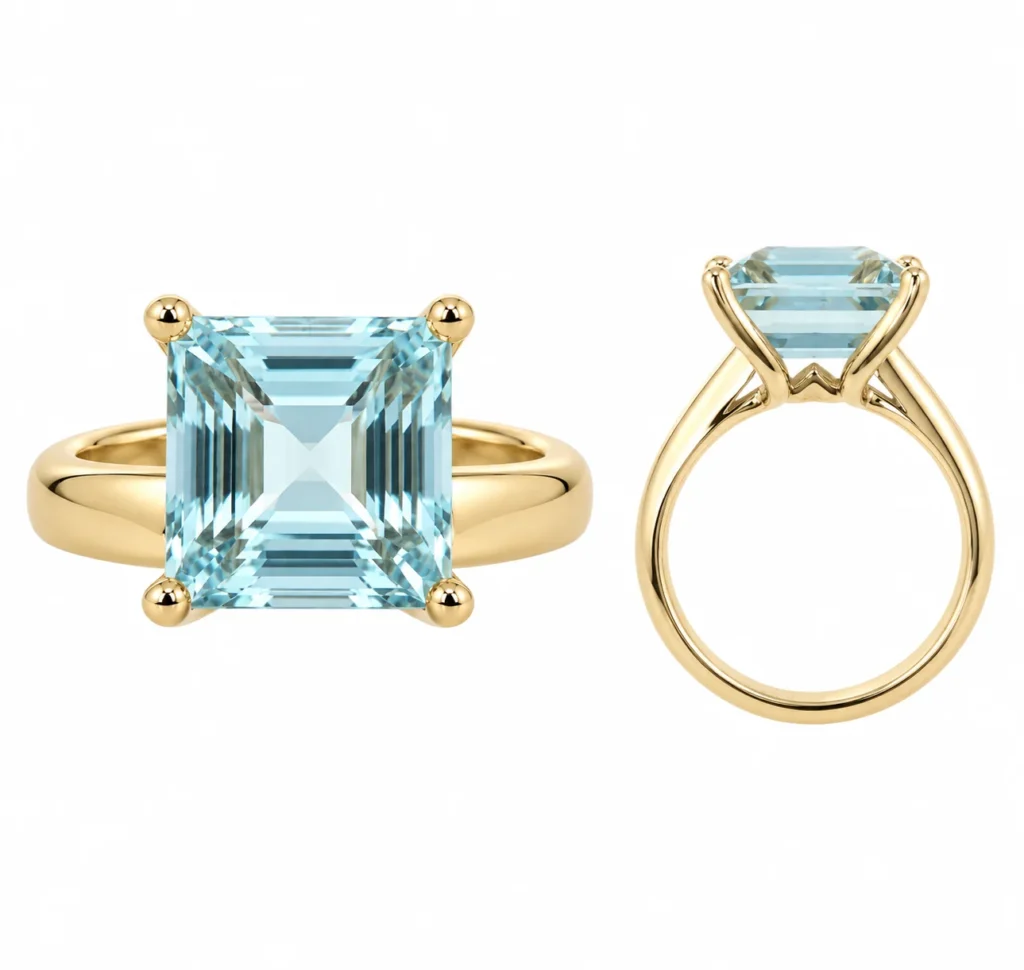 14KT.RING BLÅ AQUAMARINE 12X12MM guldsmykke halskæde fra Smykkekæden.dk